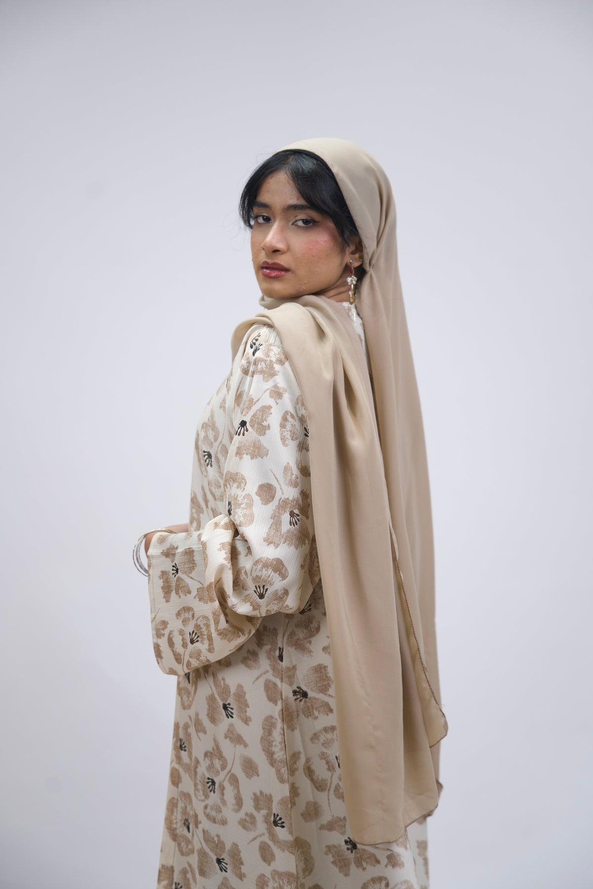 FLORAL PRINTED ABAYAH - BEIGE