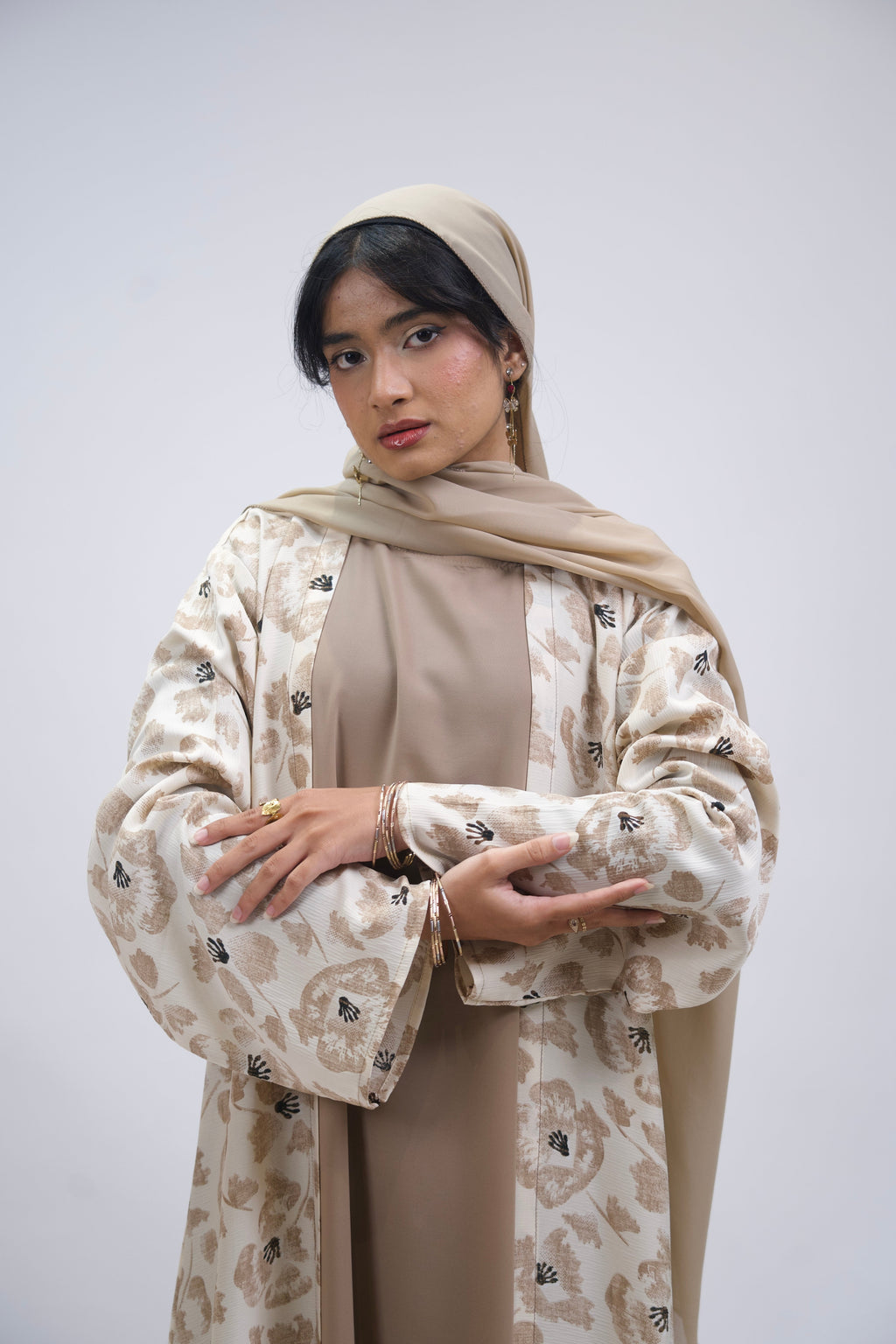 FLORAL PRINTED ABAYAH - BEIGE