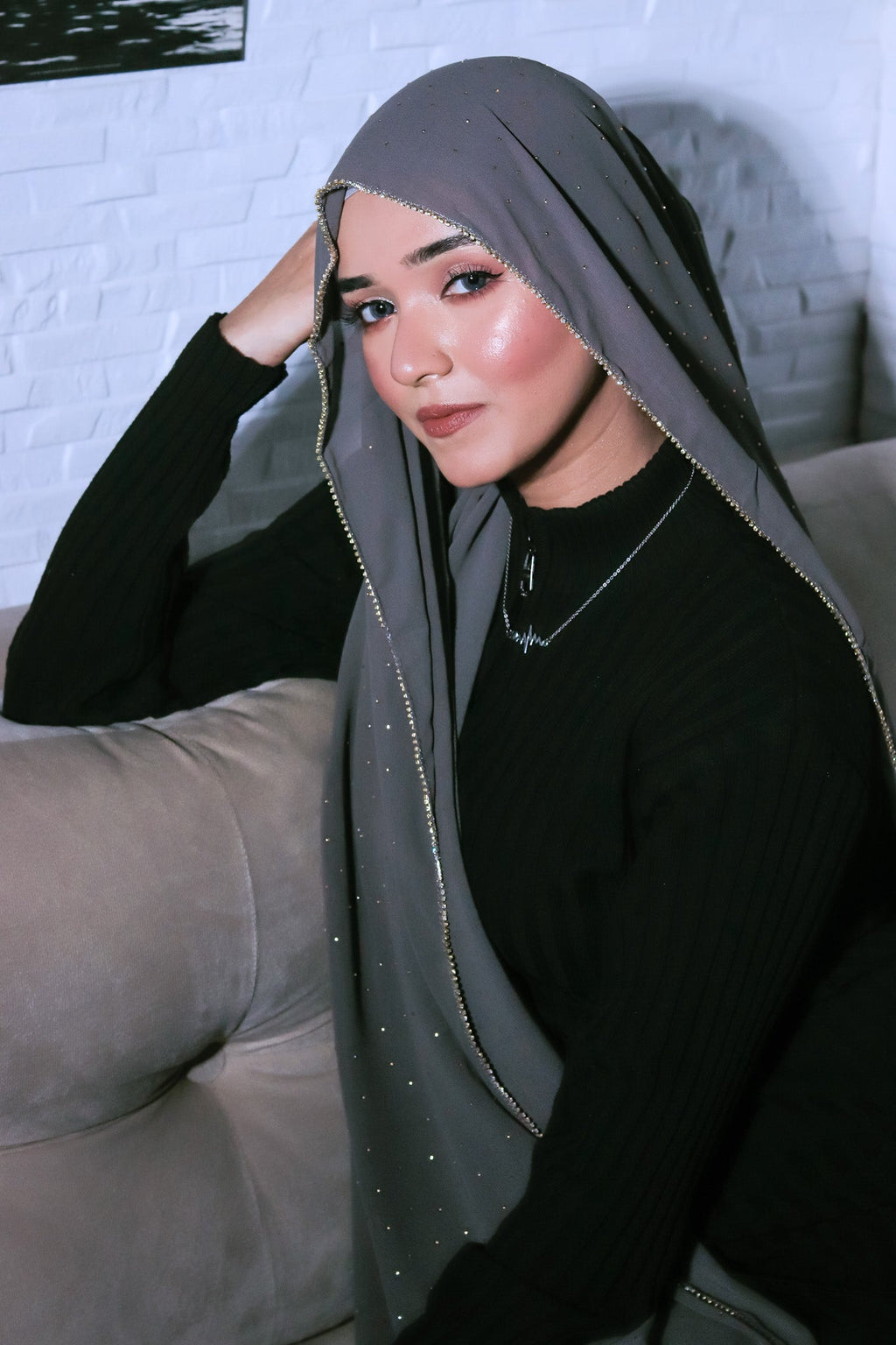 Rhinestone Hijab - Sterling Grey
